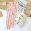 Women's Sleepwear Ladies Spring Trousers Cotton Gauze Home Pants Elastic Waist Sleep Bottoms Loose Thin Cartoon Lounge Wear Soft