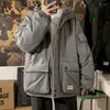 Men's Down Winter Cargo Jacket Thicken Imitation Silk Cotton Warm Multi-pocket Solid Hooded Coats Mid-length Clothes Oversized