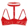 Bras Womens Wet Look Patent Leather Bra Lingerie Halter Neck Open Chest Bralette Underwear Cups Wire-free Shelf Top