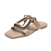 Designer Summer Slides Dammode Metallic Slide Sandaler Mjuka Gummi Tofflor För Dam Casual Svart Strand Fyrkantig Tå Platt Klack Tofflor Skor storlek 37-42