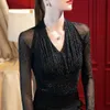 여자 Tshirt Sexy See Through Mesh V Neck Glitter Ruched Elegant Party Club Basic Ladies Tops Fashion Long Sleeve Slim Black Tshirt 230206