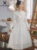 Sıradan Elbiseler Ekleme yarı stand-up yaka kadın dantel elbise vintage nazik uzun kollu beyaz bowknot a-line dişi