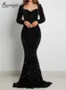 Party Dresses Luxury Black Long Sleeve Evening Gown Sequin Stretchy Velvet V Neck Mermaid Prom Floor Length Dress Bourgogne Winter Robe 230207
