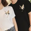 T-shirt Femme Vintage Flying Crane Bird Broderie T-shirts Hommes Femmes Streetwear Y2k Tops Coton Noir Blanc Harajuku Kawaii Vêtements 230105