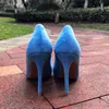 Vestido tênis tikicup azul camurça sintética Mulheres pontuais de ponta dos pés de saltos altos elegantes damas de estiletes suaves bombas ol