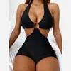 Women's Swimwear Geometric 1 Piece Halter Womens Sexy Bikini Solid Color/Printing Metal Ring Slim Fit Swimsuit Beach Bathing Suit