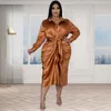 Plus size Dresses Trendy Plus Size Women Clothing Reflective Silk Pleated Tie Turn Down Collar Elegant Shirt Party Midi Dress Evening Wholesale 230207