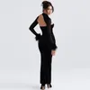 Casual Dresses Velvet Maxi Dress Fishbone Wrapped Chest Long Feather Sleeves Black Cut Out Backless Autumn Winter Fashion Stylish Women