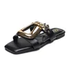 Designer Summer Slides Dammode Metallic Slide Sandaler Mjuka Gummi Tofflor För Dam Casual Svart Strand Fyrkantig Tå Platt Klack Tofflor Skor storlek 37-42