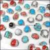 Anneaux De Bande 30Pcs / Pack Bague Turquoise Hommes Femmes Bijoux De Mode Antique Sier Vintage Pierre Naturelle Cadeaux De Fête 634 Q2 Drop Delivery Dhu7O