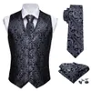 Herrvästar Designer Mens Classic Black Paisley Jacquard Folral Silk Waistcoat Vests Handkakor Tie Vest Suit Pocket Square Set Barry.Wang 230207