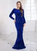 Casual Dresses Royal Blue Stretch Sequin Golvlängd kväll natt full ärm Bodycon Black Mermaid Party 230207