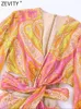 Vestidos casuais zevity mulheres vintage v pescoço de caju nuts estampas florais de chiffon mini vestido feminino chique de manga longa Twist Hollow out vestidos ds1845 230207