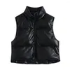 Women's Vests Winter Clother Women Puffer Jacket Vest Zip Up Black Faux Leather Gilet High Neck Sleeveless PU Quilted Padded