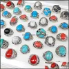 Anneaux De Bande 30Pcs / Pack Bague Turquoise Hommes Femmes Bijoux De Mode Antique Sier Vintage Pierre Naturelle Cadeaux De Fête 634 Q2 Drop Delivery Dhu7O