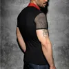 Camisetas masculinas Personalidade estas Tops Slim Fit Turn Down PeshNet Fishnet costura de manga curta Camiseta de cor sólida esporte casual xxl