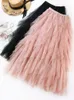 Юбки мода тупе Тул Юбка Женщины длинная макси -юбка весна лето Корейская черно -розовая плиссированная юбка с плиссированной талией 230207