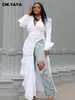 Sukienki imprezowe CM Yaya Vintage Kobiety z długim rękawem Wysokie Side Podział Ruche Up Wrap Lapel Kllar White Maxi Dress Fashion Street 230105