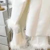 Womens Two Piece Pants Blazer PantSuits White Real Feathers Sleeve Single Button Party Office Business Wear Suit Lapel Jacket Sets 230207