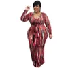 Plus size Dresses Women Clothing Printed Dyed U Neck Long Sleeve Belt Tight-fitting Plus Size Dress Fashion Maxi Long Dresses Wholesale 230207