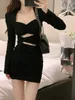 Casual Dresses Black Bodycon Women Autumn Long Sleeve Short Party Office Lady Pure Color Elegant Vintage Y2K Mini Korean 230207