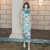 Etniska kläder grönt plus storlek 4xl kvinnor eleganta klänningar kinesiska cheongsam lång satinklänning dagligen blommor qipao