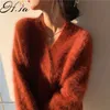 Kvinnors tröjor HSA Women Spring Knitwear Jumpers Mohair V Neck Mink Fur Pullover Korean Solid Fake Chic Coat 230206