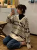 SWEATER KOBIET Vintage Argyle Korean All Match Chic V Neck Ladies Pullovers Student Lazy Style Winter Womens Sweter 230206