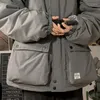 Erkekler Down kış kargo ceketi kalınlaştırıcı taklit ipek pamuk sıcak çok cepli katı kapüşonlu katlar orta uzunlukta giysiler büyük boyutlu