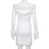 Casual Dresses Furry White Bodycon Mini Women Autumn Long Sleeve Hooded V Neck Dress Skinny Fuzzy Party Streetwear Wintercasual