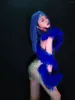 Stage Wear Sparkly Rhinestones Blue Fringes Transparent Short Dress Feather Sleeves Birthday Celebrate Costume Sexy Dancer Evening