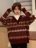 SWEATER KOBIET Vintage Argyle Korean All Match Chic V Neck Ladies Pullovers Student Lazy Style Winter Womens Sweter 230206