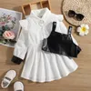 Meisjesjurken vliegende mouw corduroy meisjes jurk faux lederen vest patchwork kinderkleding kleding kleding prinses outfits shirts