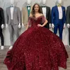 Emerald Dark Green Quinceanera Dress 2023 Puffy Sweet 16 Ball Gown Beading Wine Vestidos De 15 Anos Lace-Up Corset Back Off-the-Shoulder Quince Burgundy Velvet Sequin