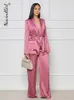 Womens Two Piece Pants Women Satin VNeck Drawstring Suit Sets Long Sleeve Elegant Pocket 2 Set Female Spring Loose Wige Leg Outfit 230206