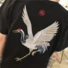 T-shirt Femme Vintage Flying Crane Bird Broderie T-shirts Hommes Femmes Streetwear Y2k Tops Coton Noir Blanc Harajuku Kawaii Vêtements 230105