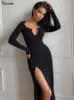 Casual jurken yiallen herfst gekruiste decolleté maxi jurk vrouwen beknopte kant gemorst elegant vestido lady high street bodycon slanke gewaad rok 230207