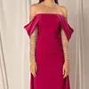 Elegante Off Schulter Fuchsia Abend Party Kleid Frauen Arabisch Perlen Kristall Langarm Formale Prom Kleider Vestidos Fest 2023