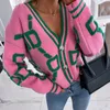 Kvinnors tröjor Kvinnor Cardigan Green Striped Pink Knit Button Lady Cardigans Sweaters V-Neck Loose Winter Fashion Sticked Coat 230207