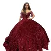 Emerald Dark Green Quinceanera Dress 2023 Puffy Sweet 16 Ball Gown Beading Wine Vestidos De 15 Anos Lace-Up Corset Back Off-the-Shoulder Quince Burgundy Velvet Sequin