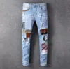 2023 Новые мужские джинсы модная патч с разорванной голубыми мужчинами дизайнер Slim Fit, вымытые джинсовые брюки хип -хоп диджейский панк -рок брюки
