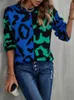 Kvinnors tröjor Fashion Tops Kvinnor Autumn Winter Leopard Print sömmar tröja Streetwear Round Neck Long Sleeve Stickover 230207