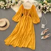 Casual Dresses Woherb Chic Elegant Square Collar Maxi Dress Women Solid Chiffon Puff Sleeve Dresses Korean Fashion Vintage Ruffle Vestidos 230207