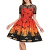 Party Kleider Frauen Kürbis Print Kleid Halloween Langarm V-ausschnitt Vintage Casual Plus Größe Vestido Corto Mujer