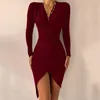 Sıradan Elbiseler 2023 Seksi Bodycon Slit Kadınlar Sonbahar Uzun Kollu Yüksek Bel Midi Elbise Zarif V Boyun Elastik Parti Vestidos