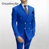 Men's Suits Blazers Gwenhwyfar Sky Blue Men Suits Double Breasted Latest Design Gold Button Groom Wedding Tuxedos Costume Homme 2 Pieces 230207