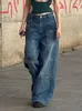 Damjeans HOUZHOU Vintage Baggy Streetwear Y2k Wide Leg Cargo Byxor Estetiska fickor Dambyxor Lös Grunge Koreanskt mode