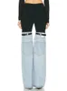 Damesjeans Deat mode Hoge taille Straight Patchwork PU Leather Buckle Streetwear Denim Pants Lente 2023 Trend 17A2013H 230206