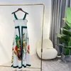 Casual jurken zomer topkwaliteit strand dragen fruit bloemen print groene zoom mouwloze pasvorm en flare wit midden-kalf jurk ladycasual casualc