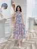 Casual Dresses Summer Women Sexy Off Axel Halter Neck Sashes Slim Long Dress High Quality Gorgeous Retro Floral Vacation Dress Casual